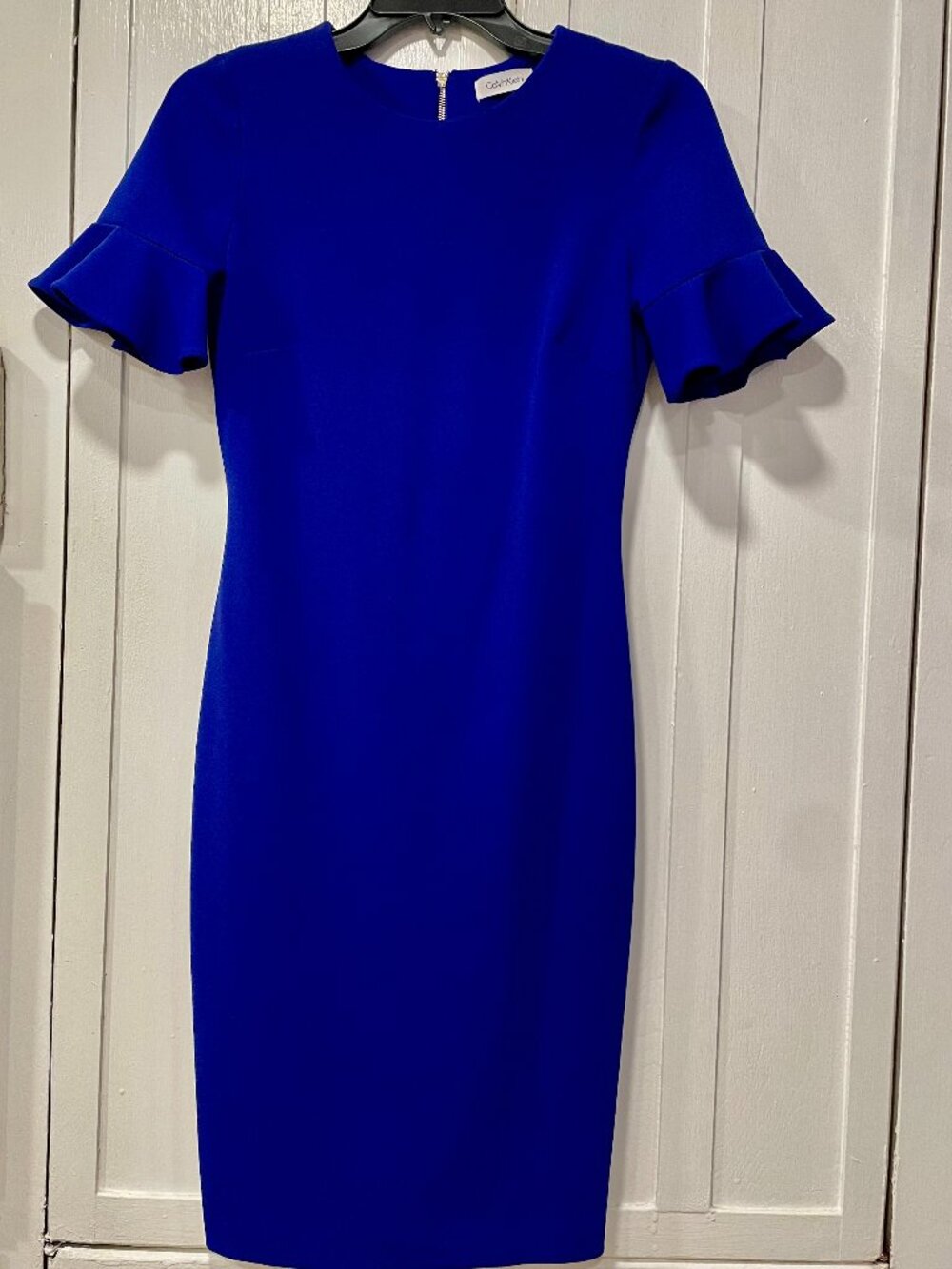 Calvin Klein Royal Blue Rounded Neck Flutter Sleeve Sheath Dress